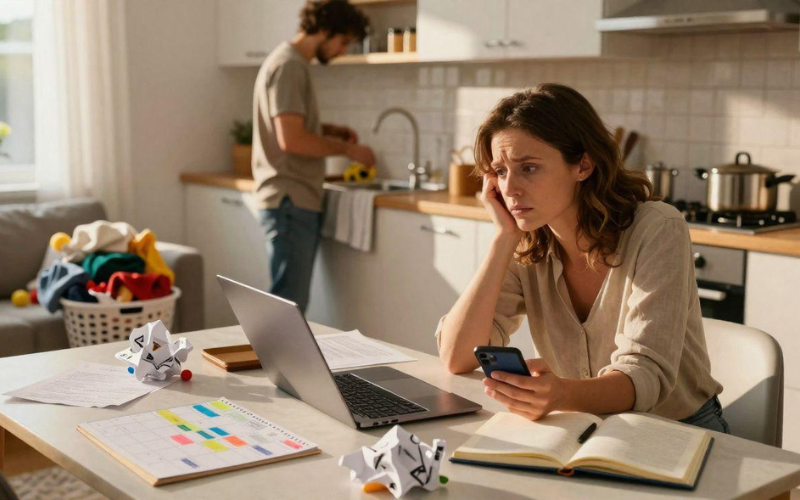 Donna in una giornata di responsabilità e pressione mentre il corpo continua a reagire allo stress.
