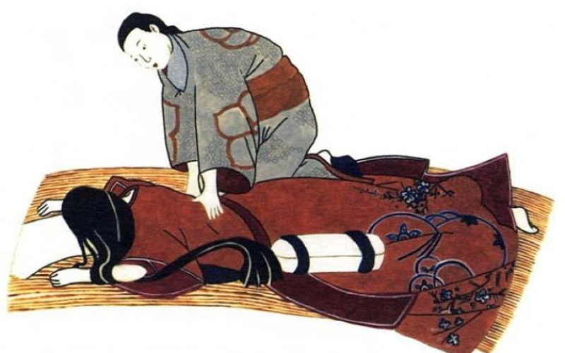Disegno giapponese d'epoca raffigurante un uomo che esegue un trattamento shiatsu su una donna