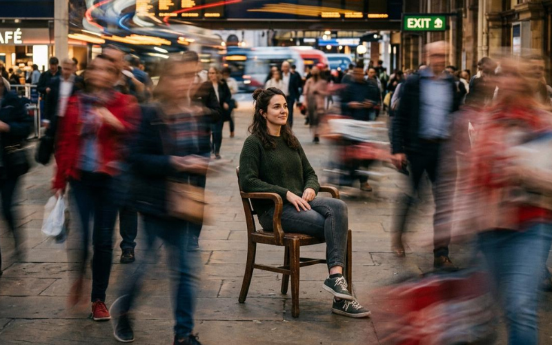 Persona seduta con calma mentre la vita continua a scorrere intorno, immagine che rappresenta la regolazione del sistema nervoso e una diversa risposta allo stress.